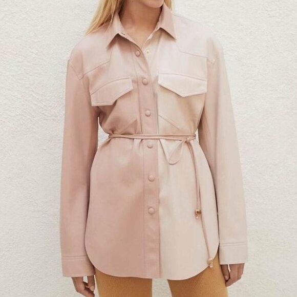 Nanushka Eddy Two-Tone Vegan Leather Shirt Shacket Jacket in Blush Belt Sz M - Picture 1 of 11